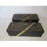 Two vintage metal storage trunks, both marked to top with the name H.B.Barns Lt CDR Royal Navy