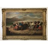Eyre Crowe (1824-1910) "Hauling the Boat Ashore - Coast of France" - Large oil on canvas in ornate