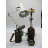 An assortment of vintage lamps including an Anglepoise lamp, a police lamp A/F a Tilley lamp etc