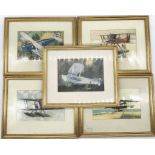 A collection of five lithographs on the subject of biplanes