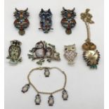 A collection of Butler & Wilson owl broches and other jewellery