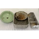 A small collection of galvanised and enamel ware including sink, shelving unit etc.