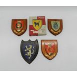 Five shield plaques, including Harrow Public School, The Queens Bays, Sandhurst Royal Military