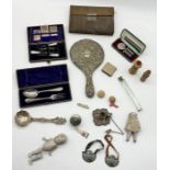 A collection of various items including Mappin & Webb snake skin sewing kit, bisque Kewpie doll,
