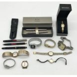 A collection of various vintage pens and watches including Parker, Sekonda, Casio, Rotary, Avia,