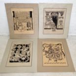 Four Indian style pen drawings 41cm x 56cm