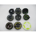 A collection of nine fly fishing reels including an Airflo Delta graphite, Leeda etc
