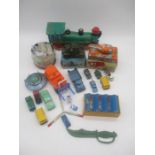 A collection of vintage toys including a tin plate train, small collection of various loose die-cast