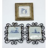 Three framed 18th century Delph tiles