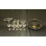 A quantity of antique glassware, along with a Victorian paper mache basket.