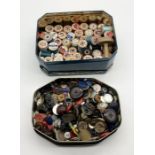 A collection of vintage buttons, cotton reels, sewing equipment etc