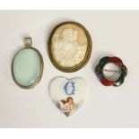 An unmarked Scottish brooch set with agates, a cameo brooch depicting Zeus, Hera, Mercury and an