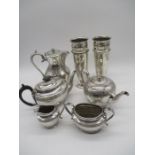 A collection of silver plated items including a pair of Walker & Hall vases (height 26cm), tea pot