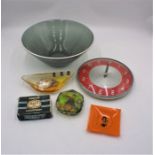 A retro Metamec wall clock, along with a Playboy Club glass dish, a glass bowl, boxed Brut soap