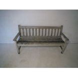 A weathered garden bench, marked 'Burma Teak, Jonell', length 154cm.