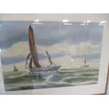 A framed watercolour painting of a nautical scene, signed by John Marsden. Noted to rear "Thames