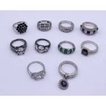A collection of ten 925 silver gem set rings