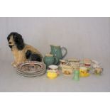 A large plaster Spaniel, along with a quantity of ceramics including Royal Winton, Denby, Royal