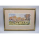 A framed watercolour of a rugby match, entitled 'The Line Out' and signed Terry McKivragan, 220/