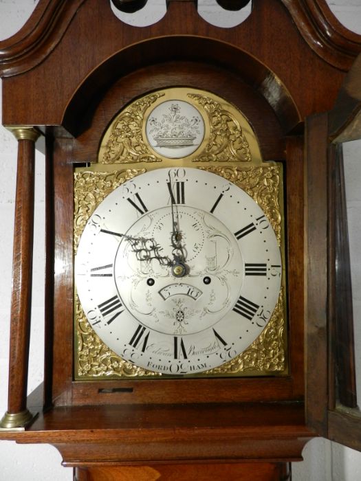 A Georgian inlaid mahogany eight day longcase clock with fusee movement. Silvered dial engraved with - Image 4 of 9