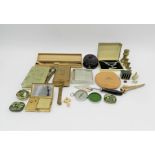 A lot of miscellaneous items, including compacts, a watch, compass, bone pipe, lead swan figures