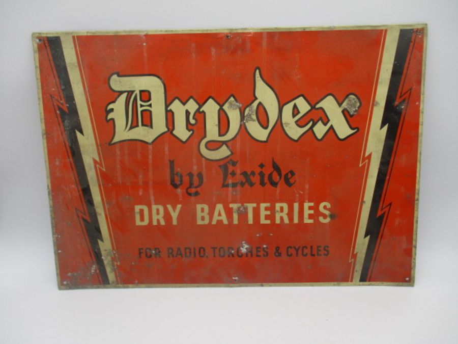 A vintage Drydex by Exide Dry Batteries tin plate advertising sign - height 43cm, width 62cm