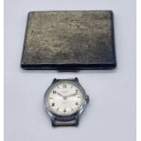 A hallmarked silver cigarette case along with a stainless steel Ingersoll watch