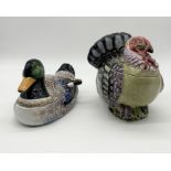 An Italian Nove tureen in the form of a turkey with ladle and Bordallo Pinheiro duck tureen also