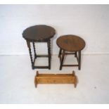 Two oak occasional tables, along with a wall hanging pine shelf.