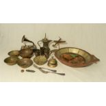A mixed lot, including four Eastern brass bowls, three Oriental copper cups, an ethnic brass teapot,