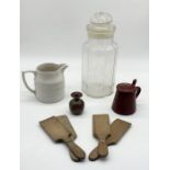 A small collection of items including butter pats, enamel jug, Sadler white banded jug etc.