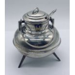 A Continental silver (possibly Spanish) cauldron shaped lidded bowl with spoon with "Tennis Vigo