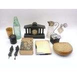 A mixed lot, including a mantle clock, glass perfume bottle, horn cup, boxed Holy Water, Art Deco