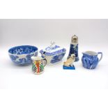 A quantity of ceramics, including blue and white Spode and Ironstone, a bulldog figure and a