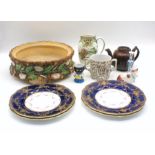 A quantity of ceramics, including a Majolica base, a Doulton jug, tea pot, four pates etc, A/F.