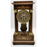 French rosewood and marquetry portico clock with gilt metal mounted columns, gilt metal pendulum and