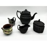 A 19th century basalt teapot (A/F), jug and sugar bowl along with a small collection of china