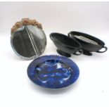 A folding dressing table mirror, along with a blue glazed ceramic plate etc.