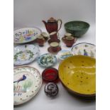 A Carlton Ware Rouge Royale part coffee set along with a Fladgate glass vase, Quimper plate, Poole