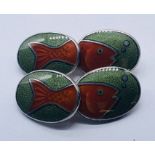 A pair of 925 silver cufflinks enamelled with fish decoration