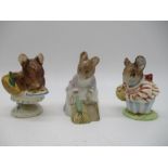 Three Beatrix Potter figures- Appley Dapply, Hunca Munca sweeping and Mrs Tittlemouse