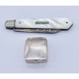 A 925 silver pill box along with a silver bladed fruit knife
