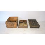 A wooden gardeners trug, along with another similar and a wooden cheese crate.