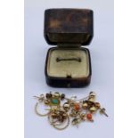 A collection of 9ct gold earrings (total 4g) along with an antique ring box