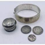 A silver hinged bangle with 9ct front along with 3 silver coins including George IIII four pence