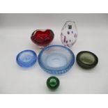 A collection of five pieces of Whitefriars glass including molar vase, bubble glass bowls (one