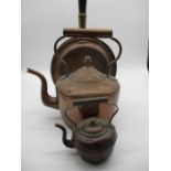 A Victorian copper kettle, copper warming pan etc.