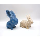A Denby Ware blue ceramic rabbit, A/F, along with another rabbit figure with crackle glaze.