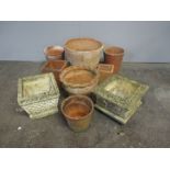 Nine garden pots and planters including terracotta.