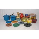 A quantity of vintage kitchenalia, including pots, pans, tins, a Thermos vessel, along with a